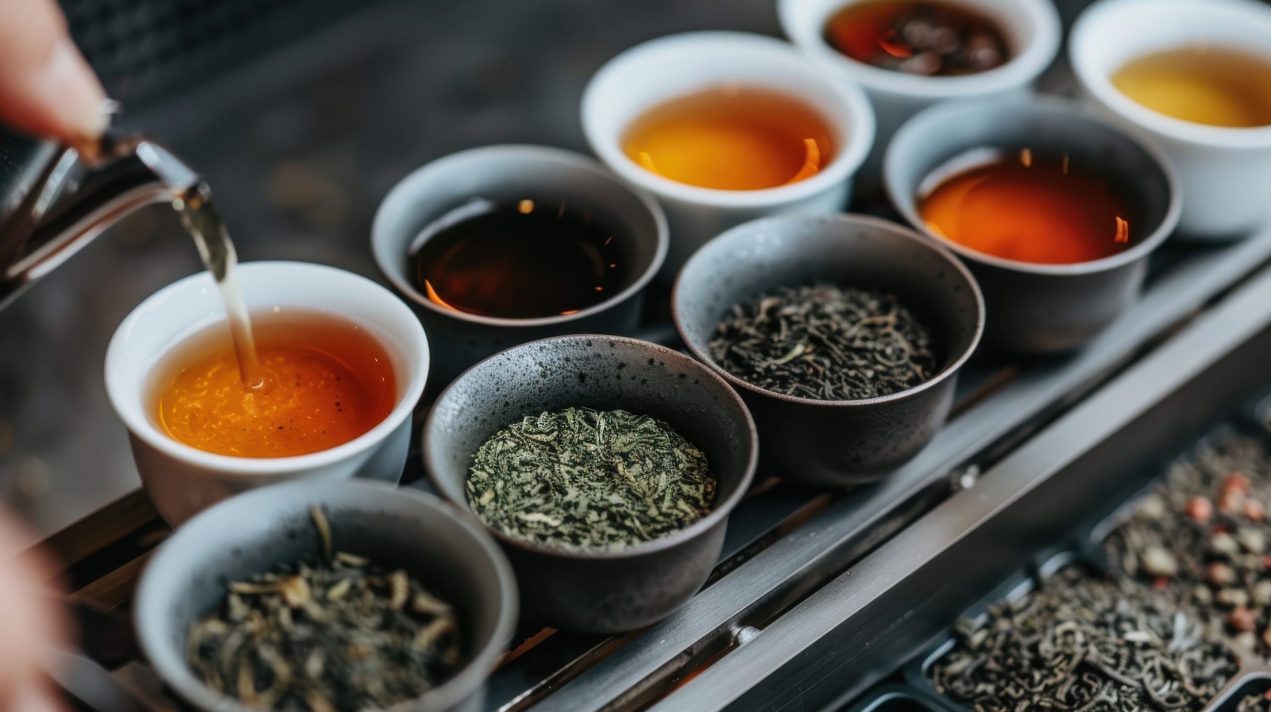 A variety of teas and cups are meticulously arranged on a tray for tasting, showcasing different textures and hues, highlighting the diversity and richness of tea culture. différents types de sencha